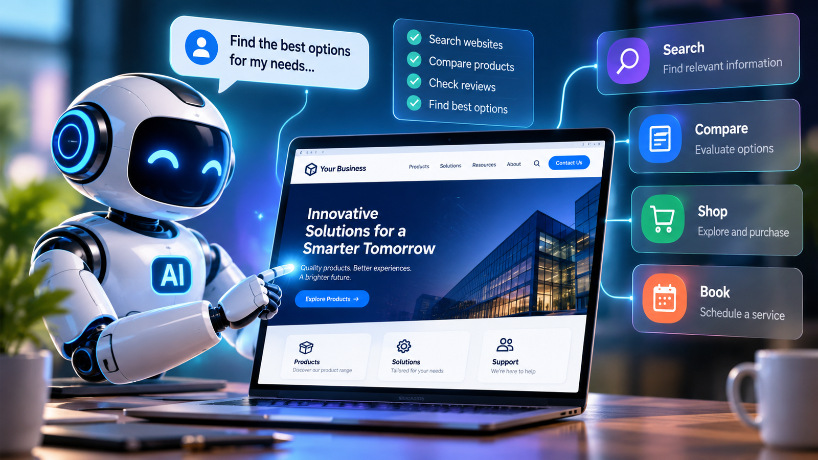 AI agent navigating a business website to search, compare products, shop and book services
