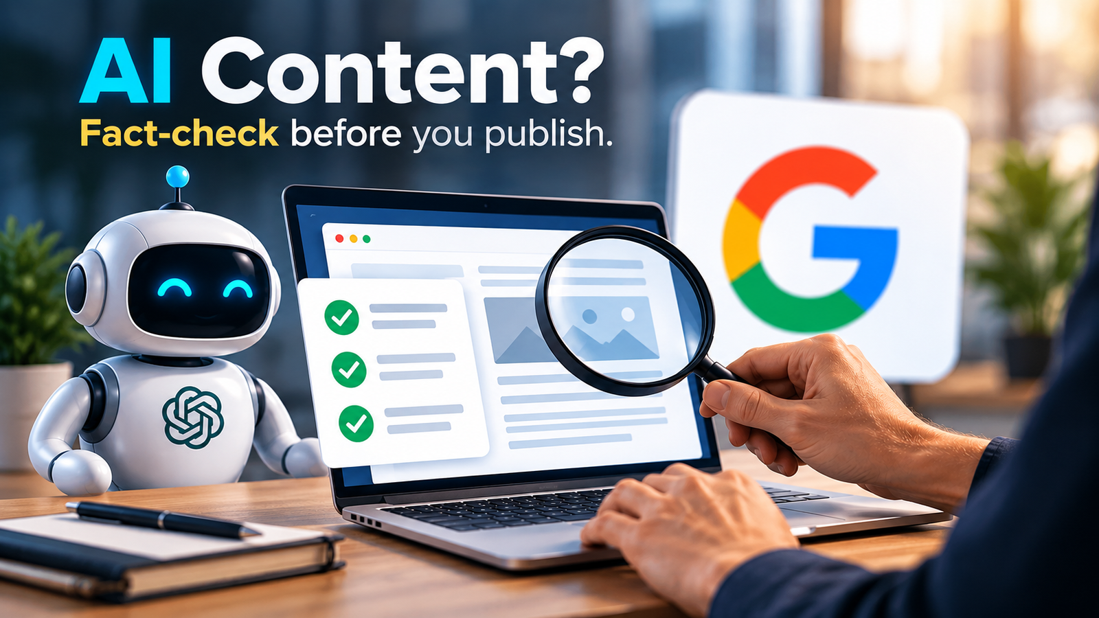 Human reviewing AI-generated content for SEO accuracy and fact-checking.